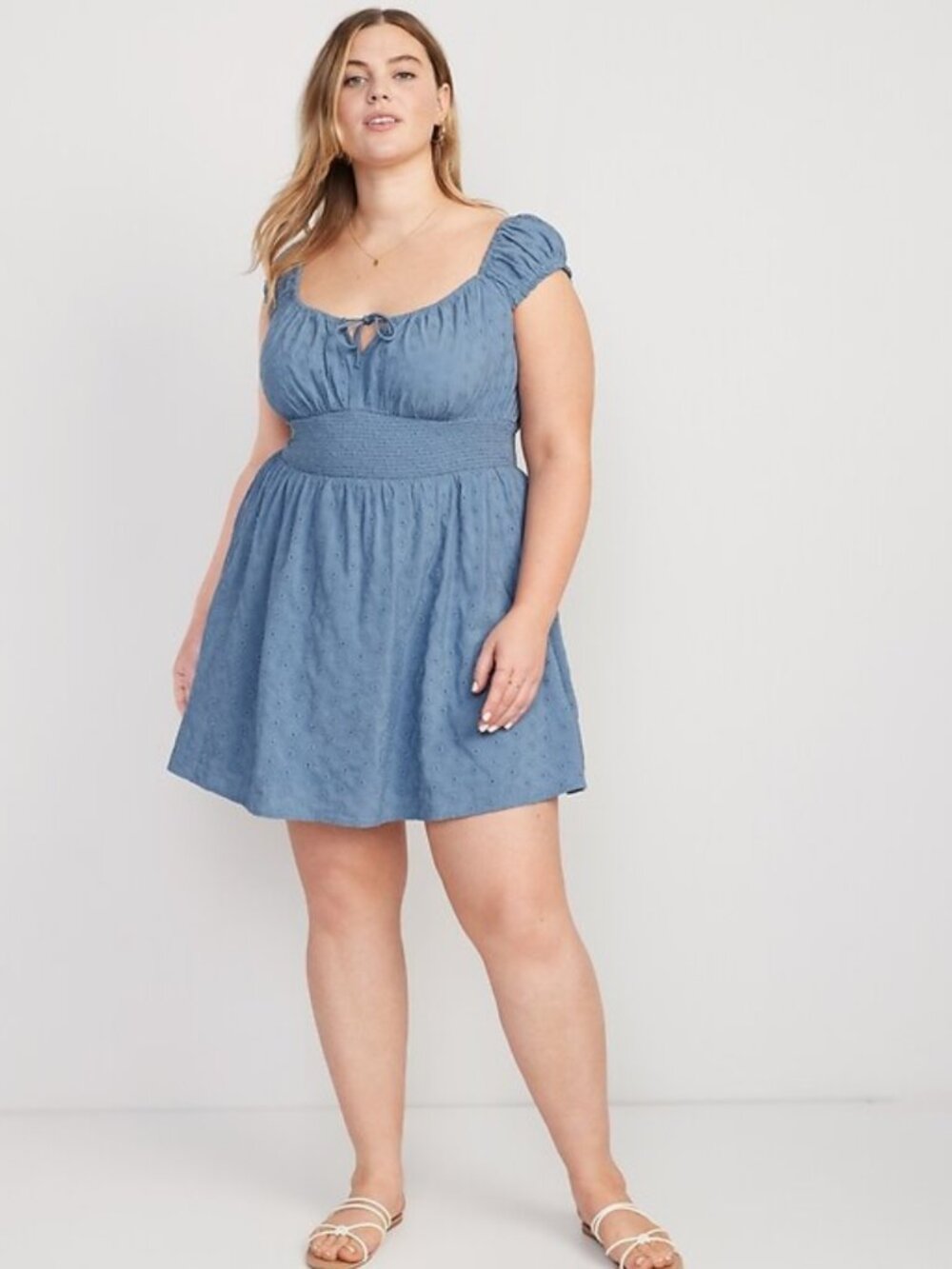 OLD NAVY Waist Defined Smocked Eyelet Milkmaid Mini Dress Blue Romantic Boho XXL
